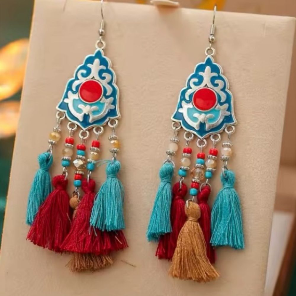 Bohemian Tassel Earrings in Red and Teal
